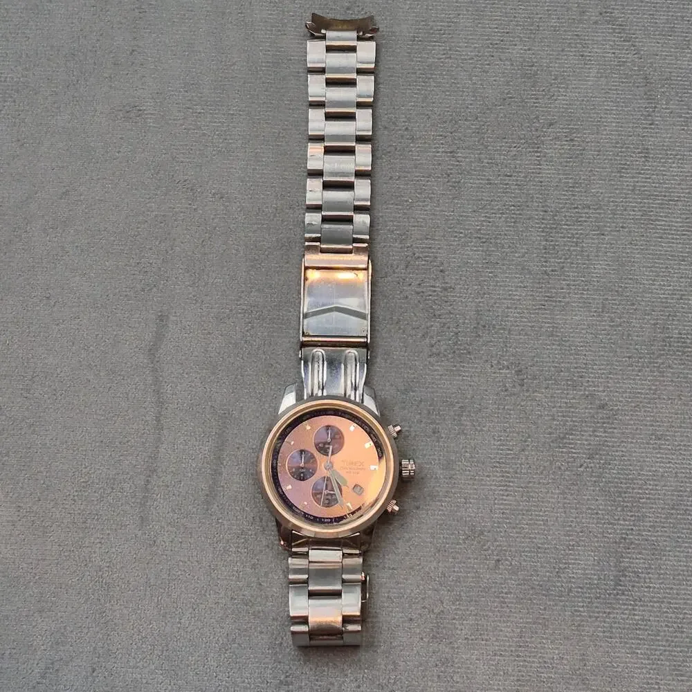 Timex Stainless Steel Quartz Chronograph 2000 H3 New Battery Purple Dial Vintage